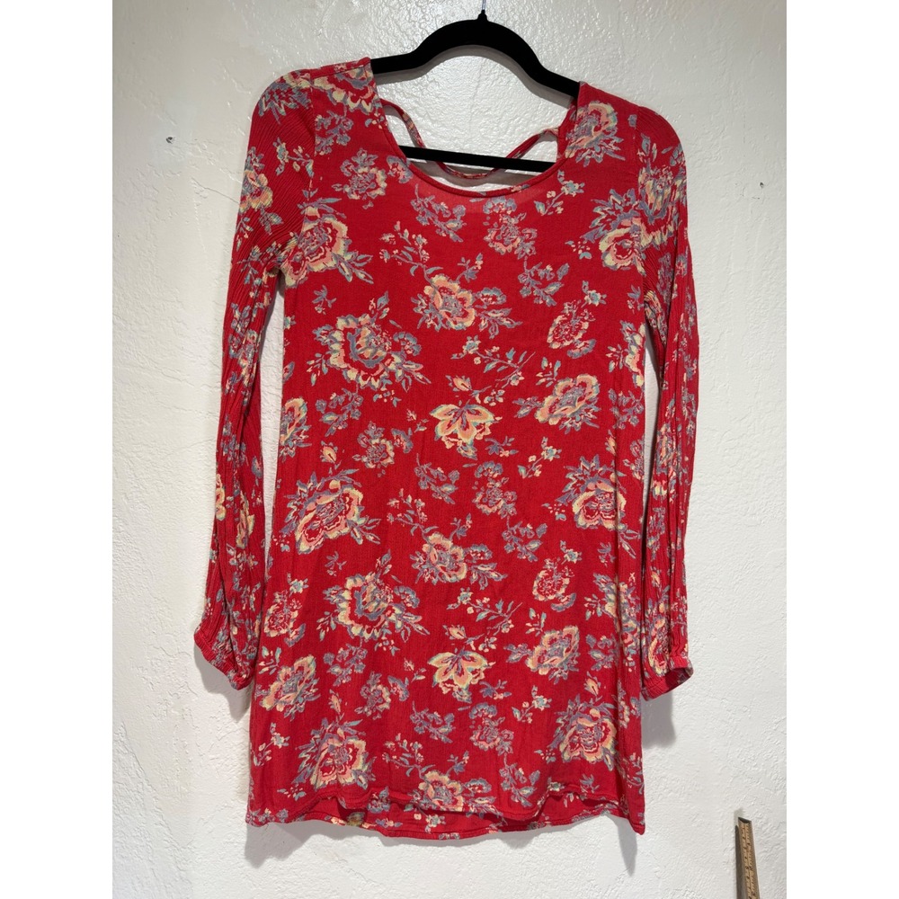 Billabong Red Floral Long Sleeve Mini Dress Strappy‎ Open Back Womens Size S/P